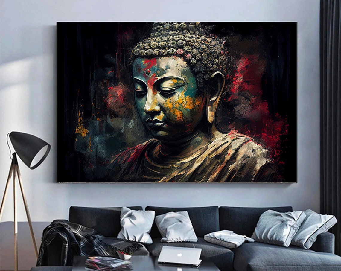 Colorful Buddha Head Painting Dark Artistic Spiritual Poster