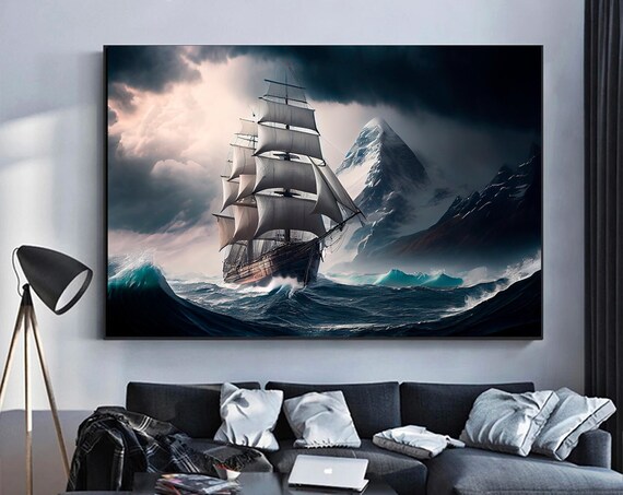 Tall Sailing Ship Stormy Arctic Sea Mountain Adventure Poster