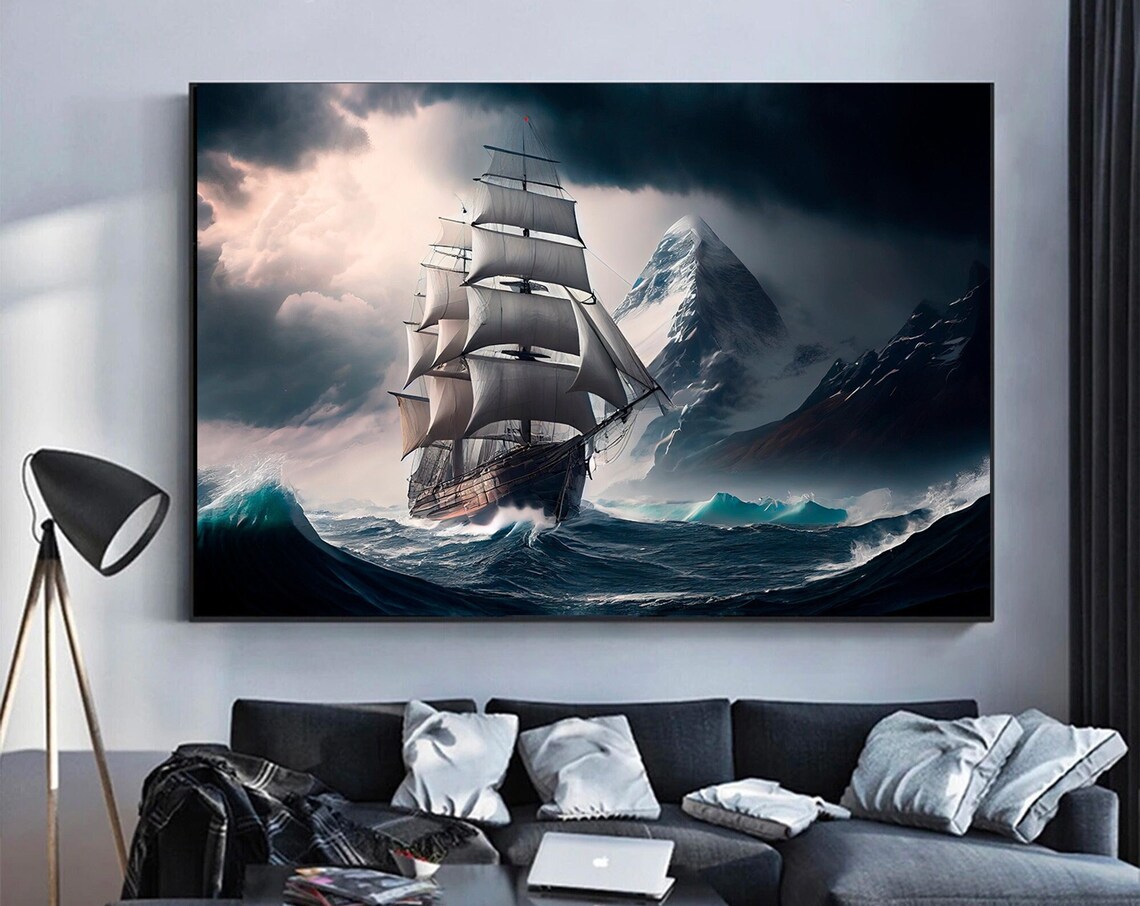 Tall Sailing Ship Stormy Arctic Sea Mountain Adventure Poster