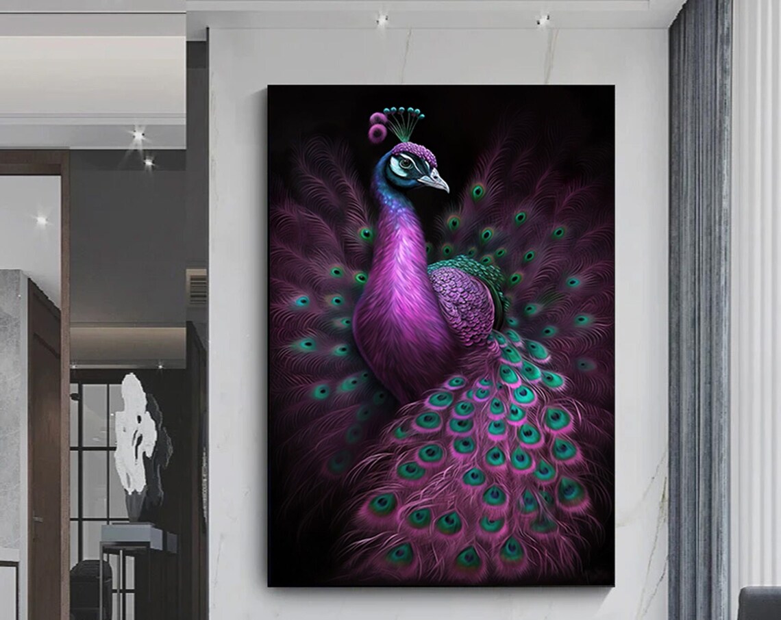 Purple Peacock With Fanned Tail On Black Exotic Bird Art Poster