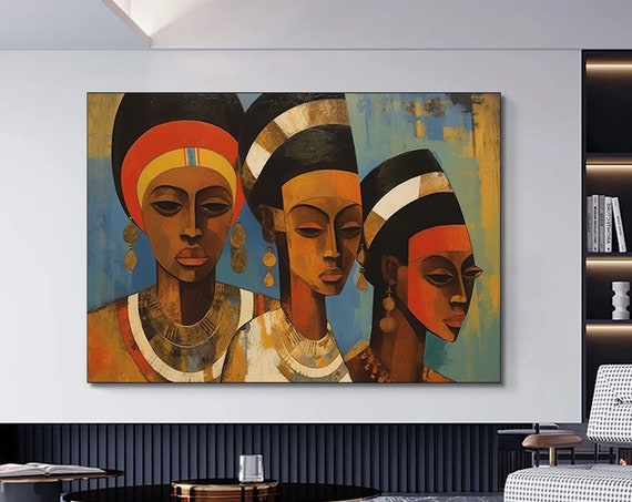 Three Geometry African Oil Paintings Canvas Painting Colorful Women Wall Art