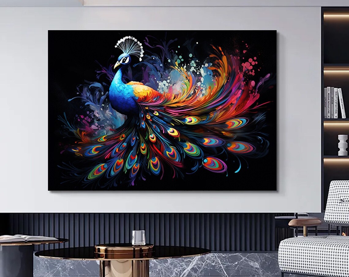 Vibrant Peacock Painting Rainbow Tail Feathers on Black Art Poster