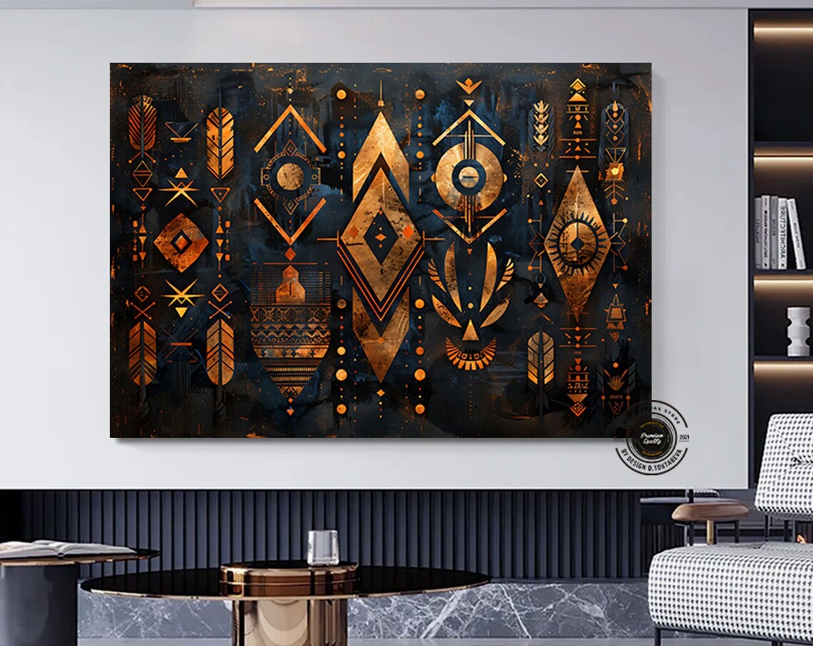 Gold Tribal Geometric Symbols on Black Luxe Ethnic Art Poster