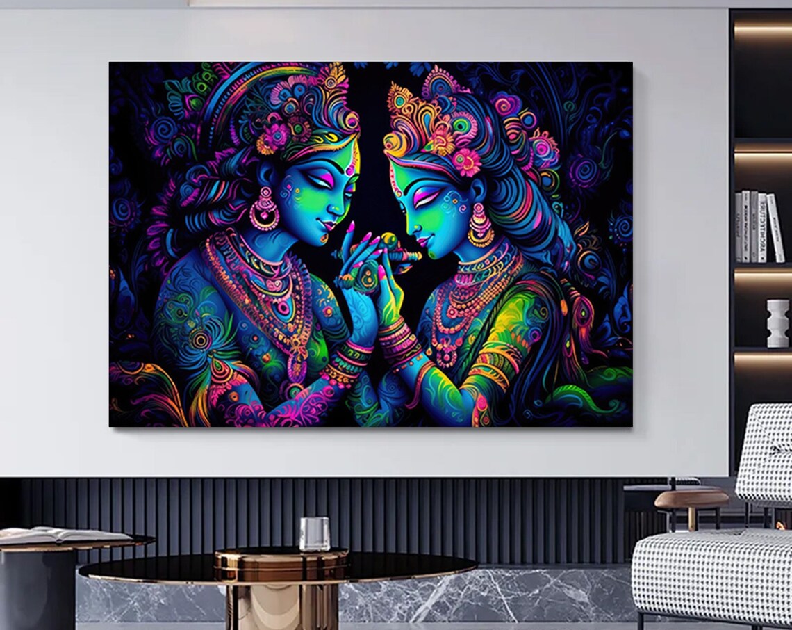 Radha Krishna Neon Divine Couple Vibrant Spiritual Art Poster