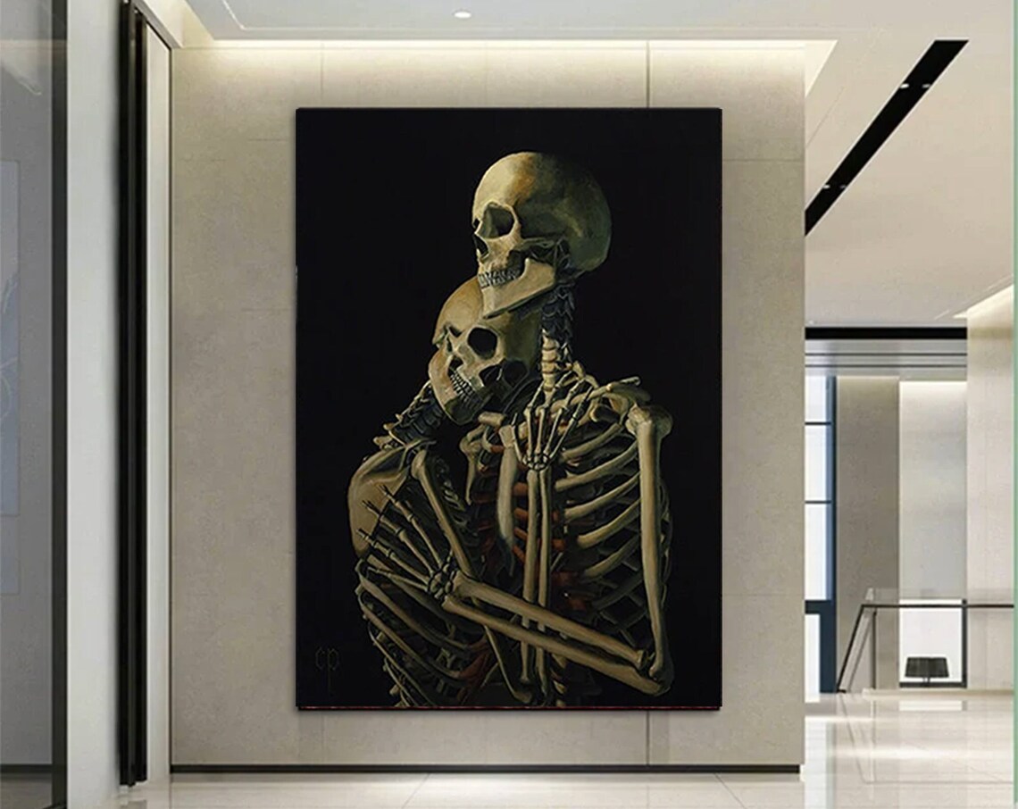 Two Embracing Skeletons Gothic Dark Romantic Halloween Art Poster