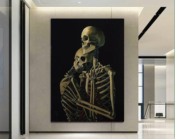 Two Embracing Skeletons Gothic Dark Romantic Halloween Art Poster