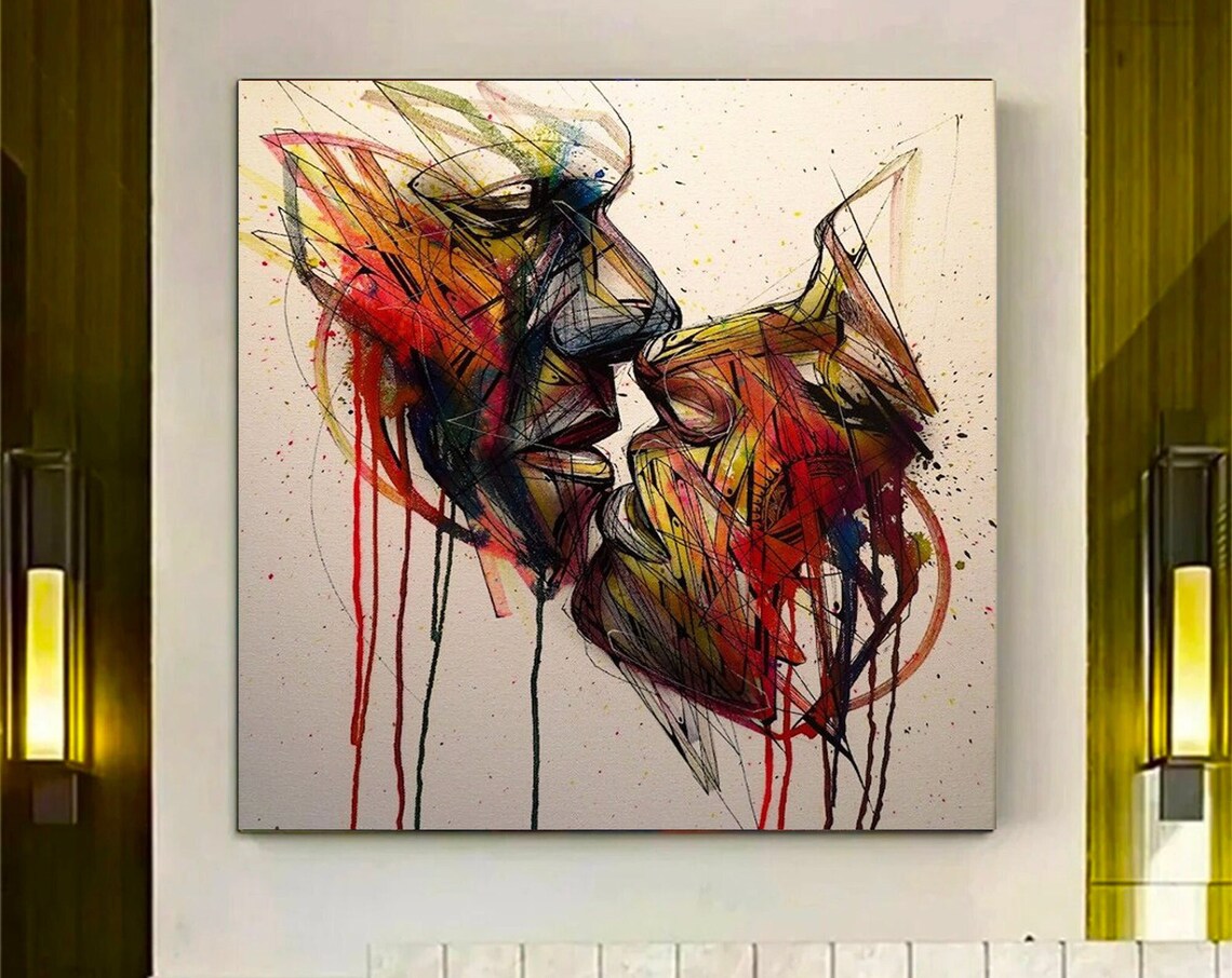 Abstract Kissing Couple Colorful Line Art Dripping Paint Love Poster