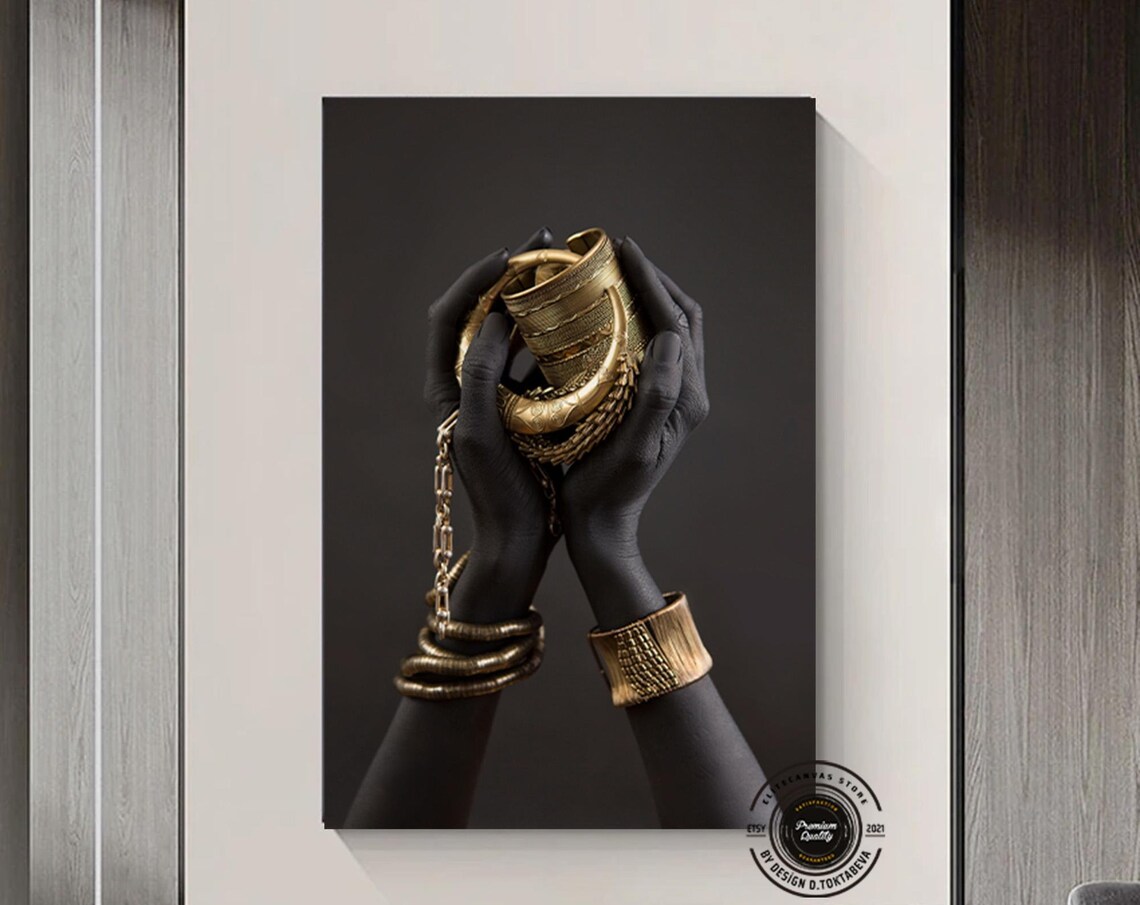 African Hands Holding Gold Jewelry Elegant Black Gold Wall Art