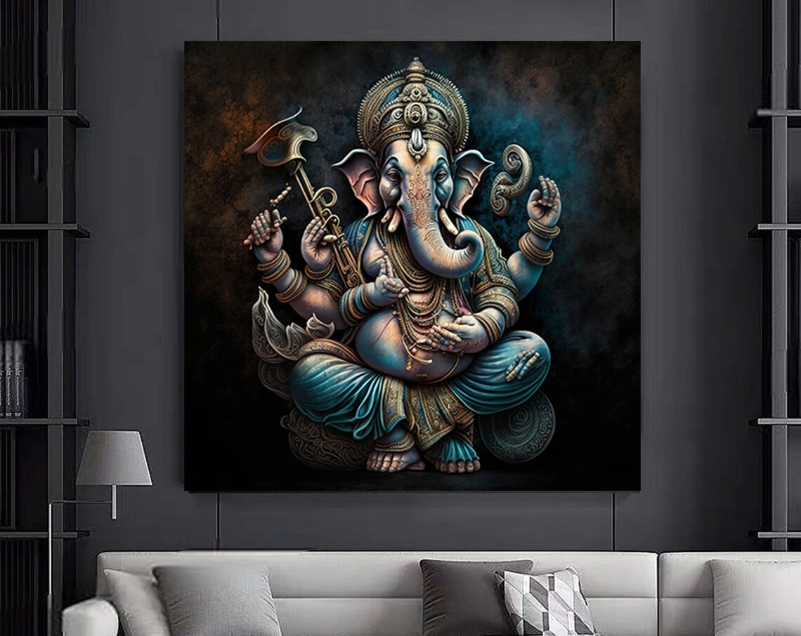 Ganesha Bronze Statue Style Seated Hindu Deity Canvas Art Poster