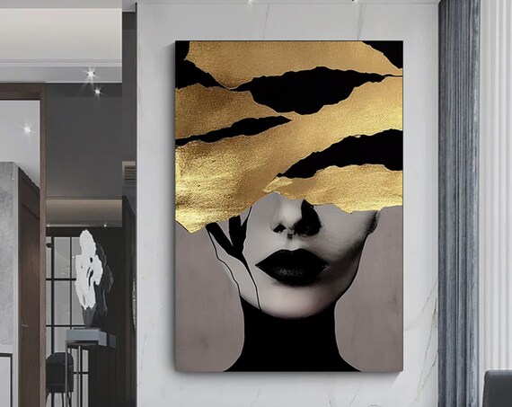 Gold Foil Woman Face Black Abstract Luxury Modern Canvas Art Poster