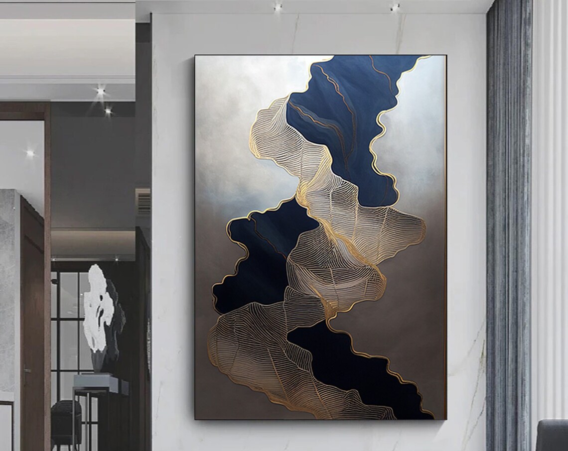 Navy Blue Gold Abstract Marble Flowing Waves Luxury Art Poster