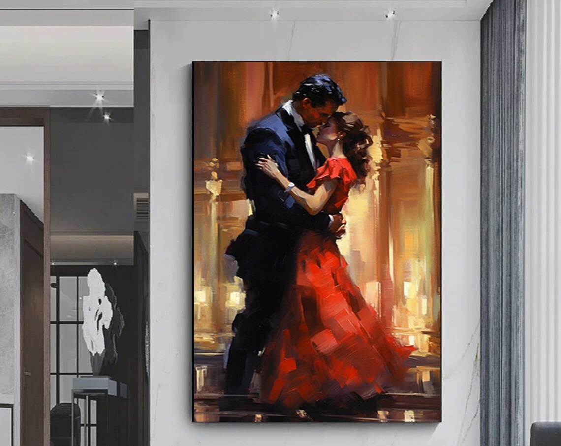 Romantic Dancing Couple Oil Painting Red Dress Ballroom Poster