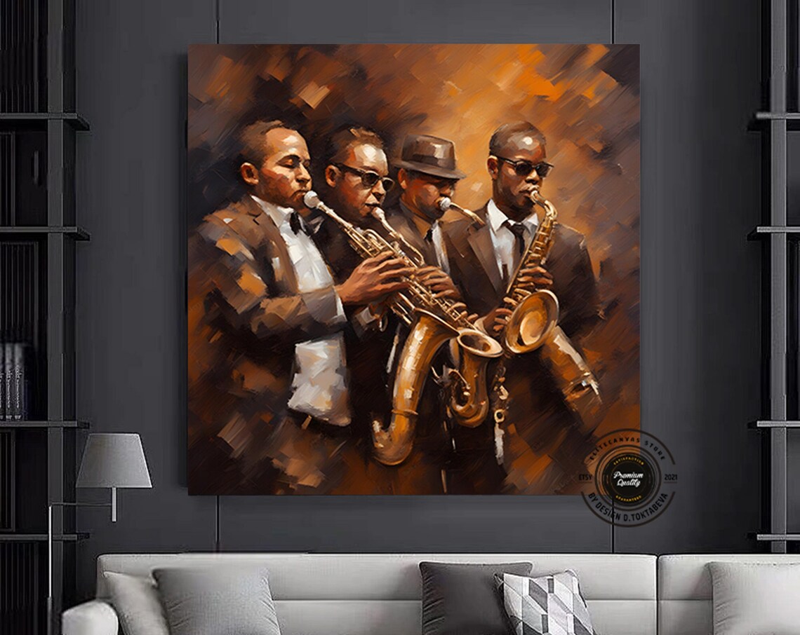 Jazz Saxophone Quartet Oil Painting Warm Amber Tones Wall Poster