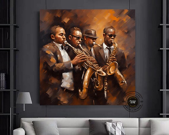 Jazz Saxophone Quartet Oil Painting Warm Amber Tones Wall Poster