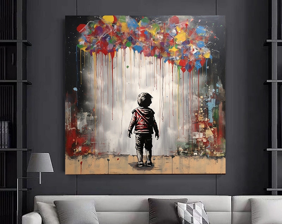 Child Under Colorful Paint Rain Street Art Style Canvas Poster