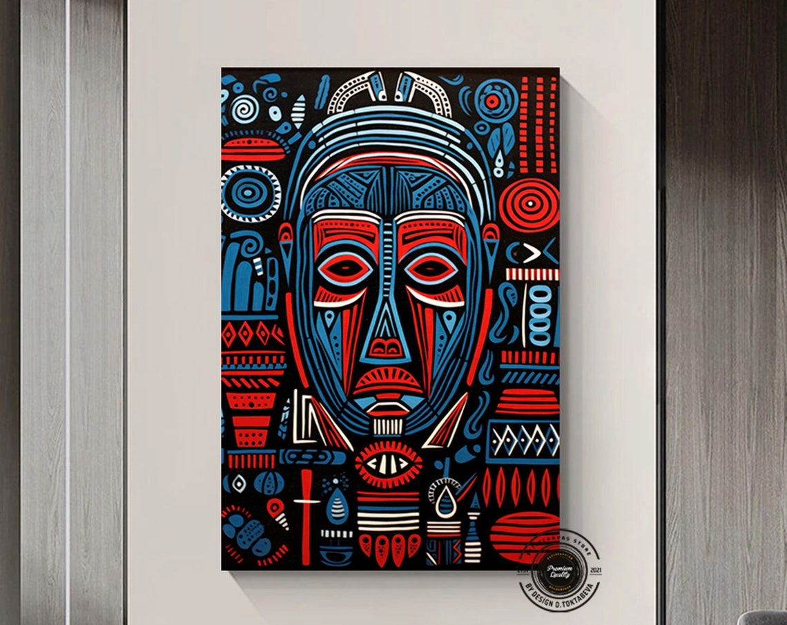 Tribal Mask Bold Red Blue Geometric Modern Ethnic Art Poster