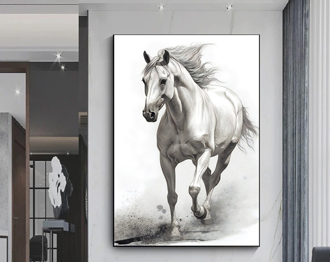 White Horse Galloping Ink Wash Mist Minimalist Stallion Art Poster