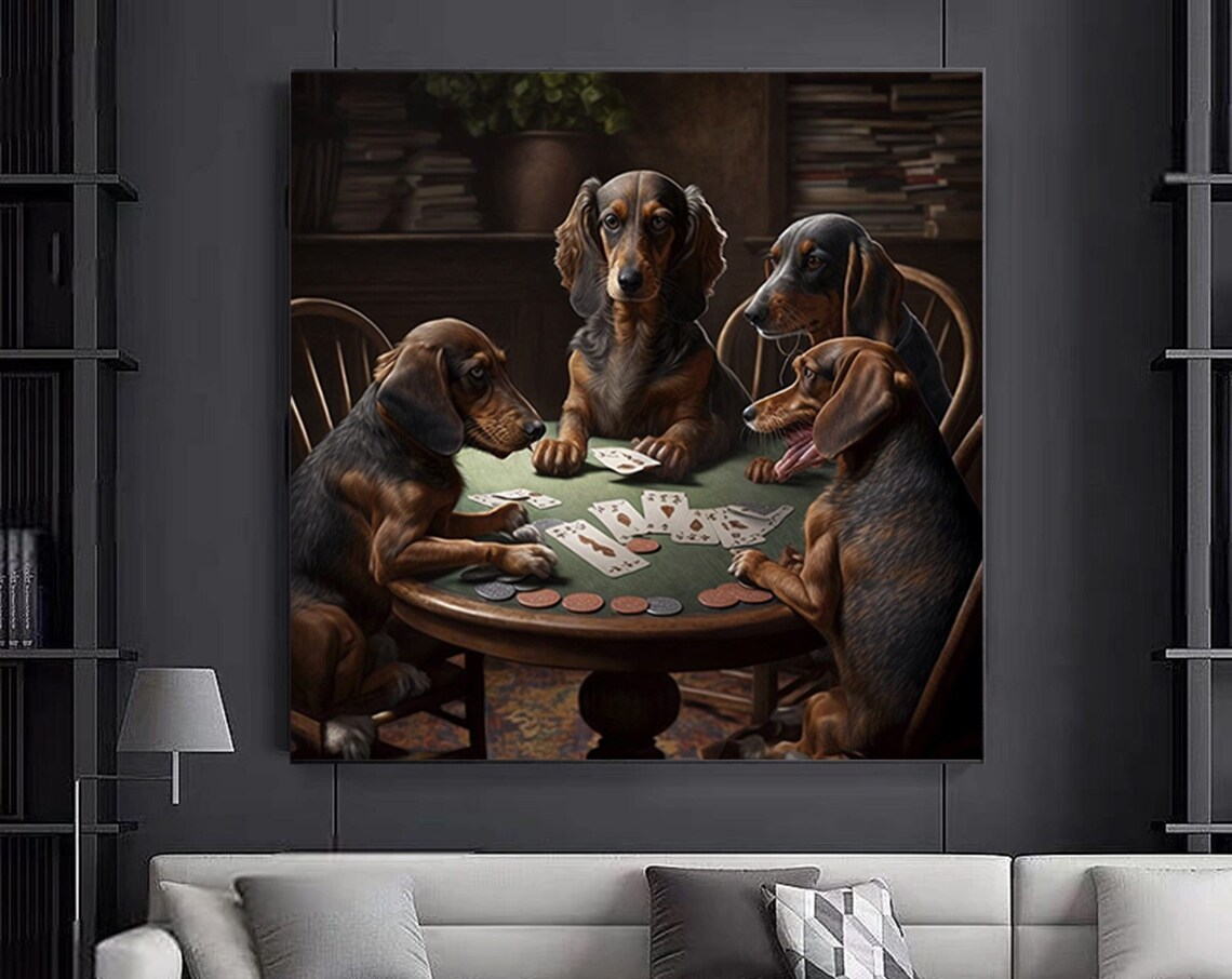 Dachshunds Playing Poker Card Game Hilarious Funny Dog Art Poster