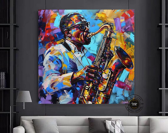 Jazz Saxophonist in Blue Impasto Colorful Modern Painting Poster
