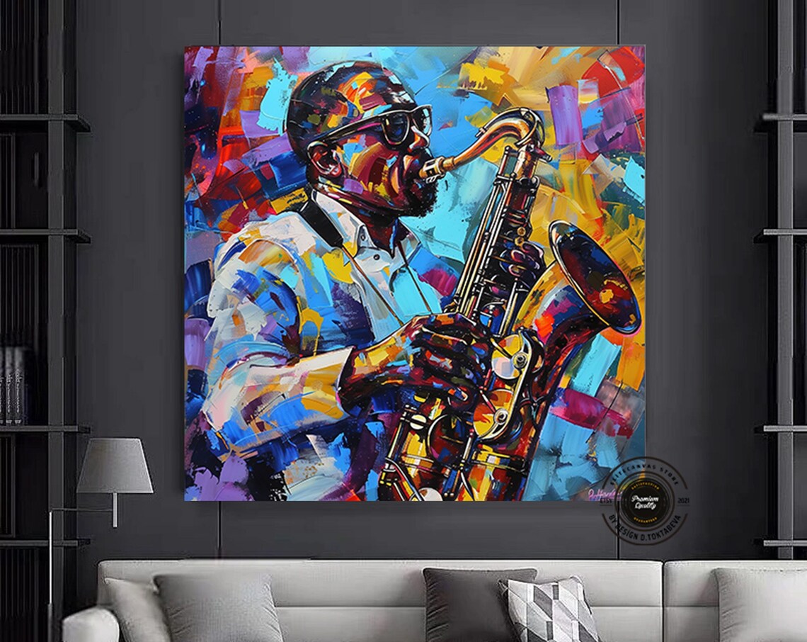 Jazz Saxophonist in Blue Impasto Colorful Modern Painting Poster