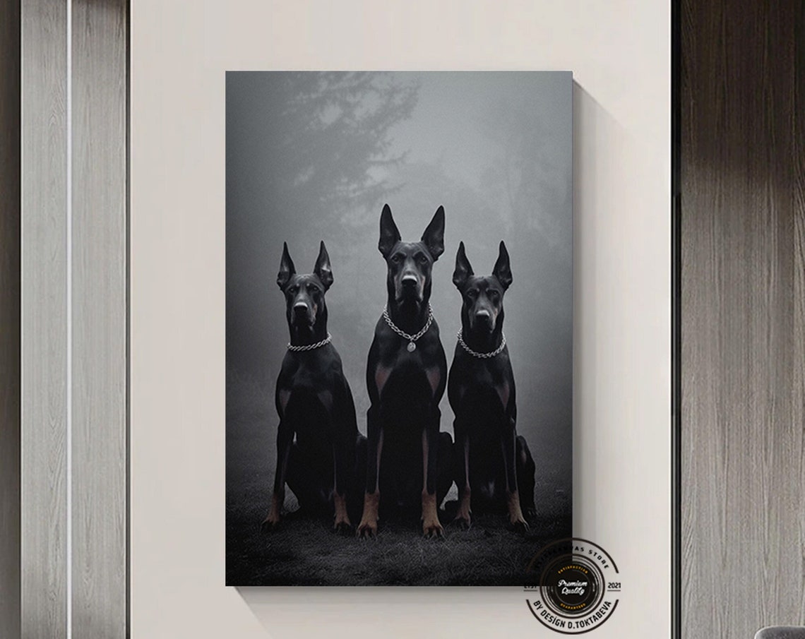 Three Black Doberman Pinschers Foggy Forest Loyal Dog Poster