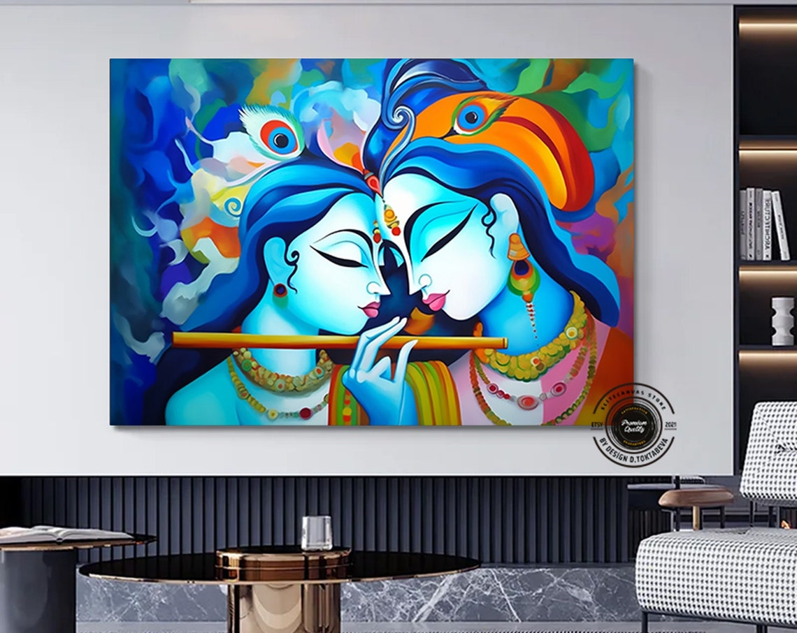 Radha Krishna Playing Flute Blue Orange Divine Love Art Poster