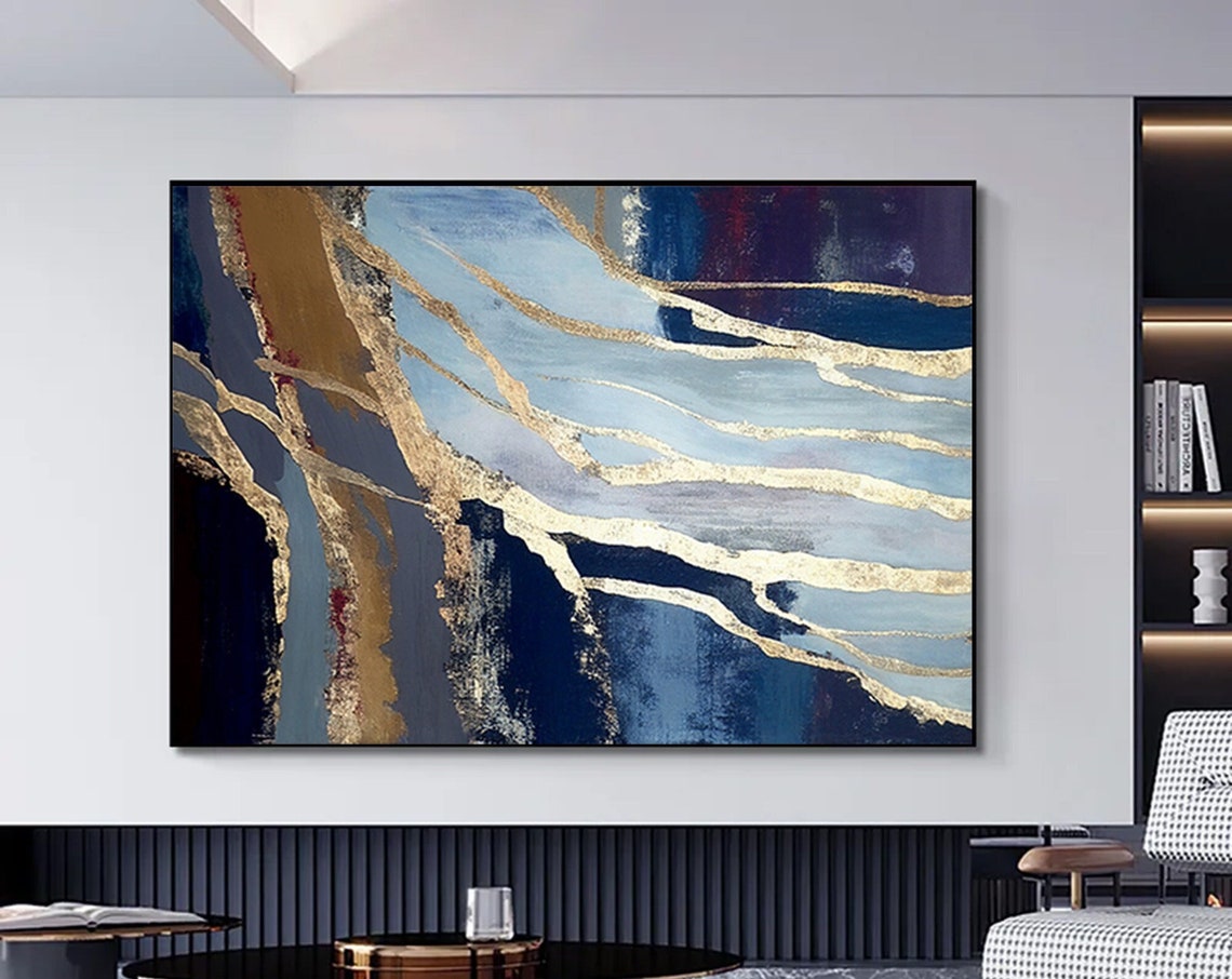 Blue Gold Marble Abstract With Gold Veins Elegant Modern Poster