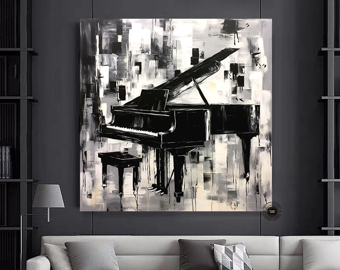 Black Grand Piano Abstract Oil Painting Monochrome Music Wall Art
