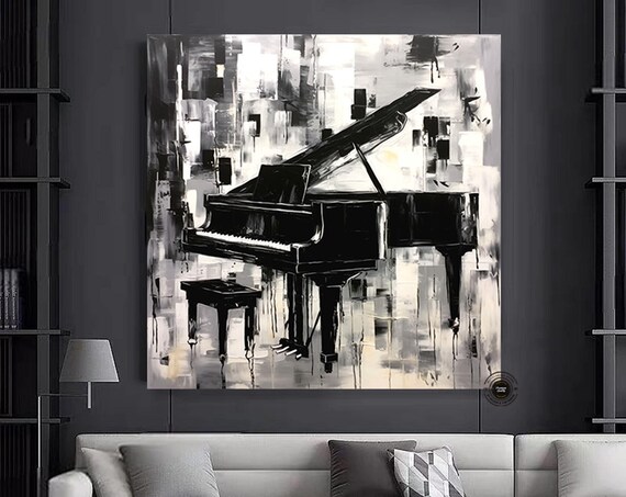 Black Grand Piano Abstract Oil Painting Monochrome Music Wall Art