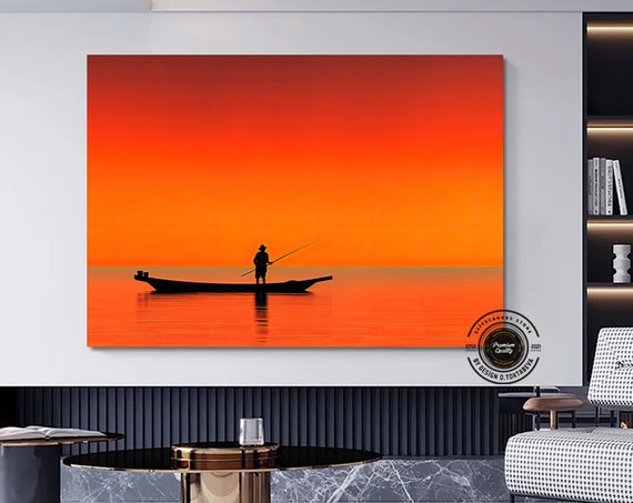 Large Sea Sunset With Fishing Boat Canvas Print Wall Art