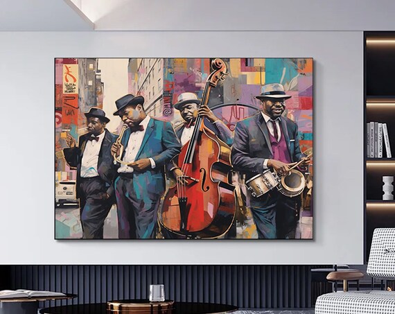 Jazz Band Street Quartet Colorful Musicians City Scene Art Poster