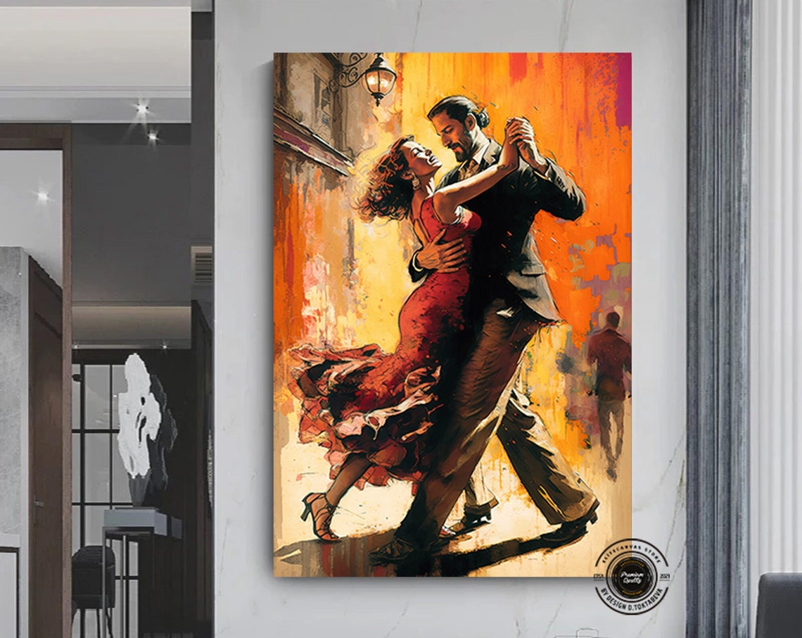 Passionate Tango Dancing Couple Warm Orange Impressionist Art Poster