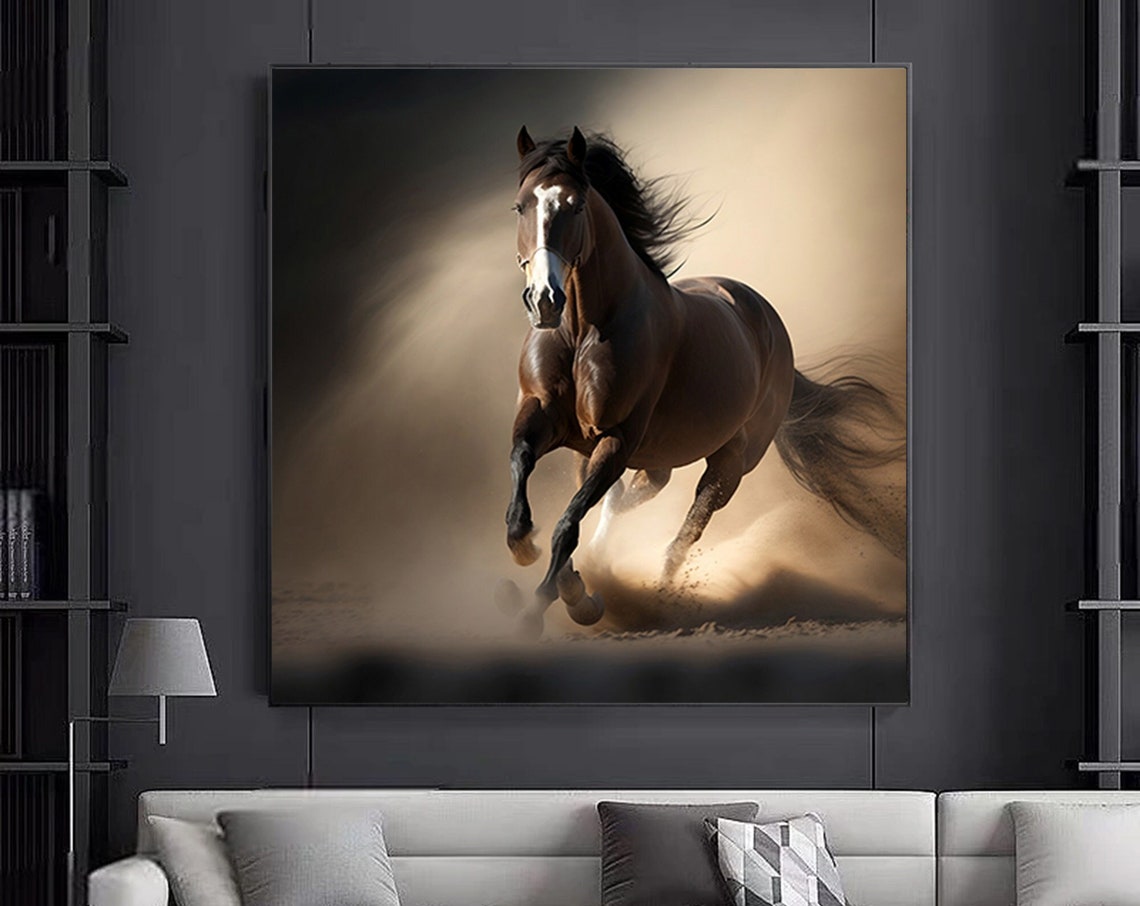 Brown Horse Galloping Golden Dust Dramatic Equestrian Art Poster