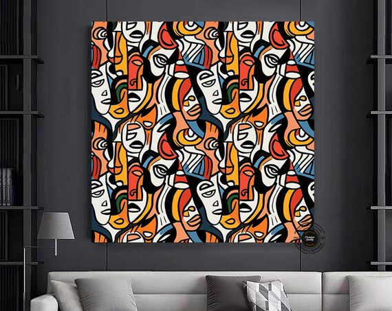 Abstract Crowd of Faces Colorful Bold Doodle Pattern Art Poster