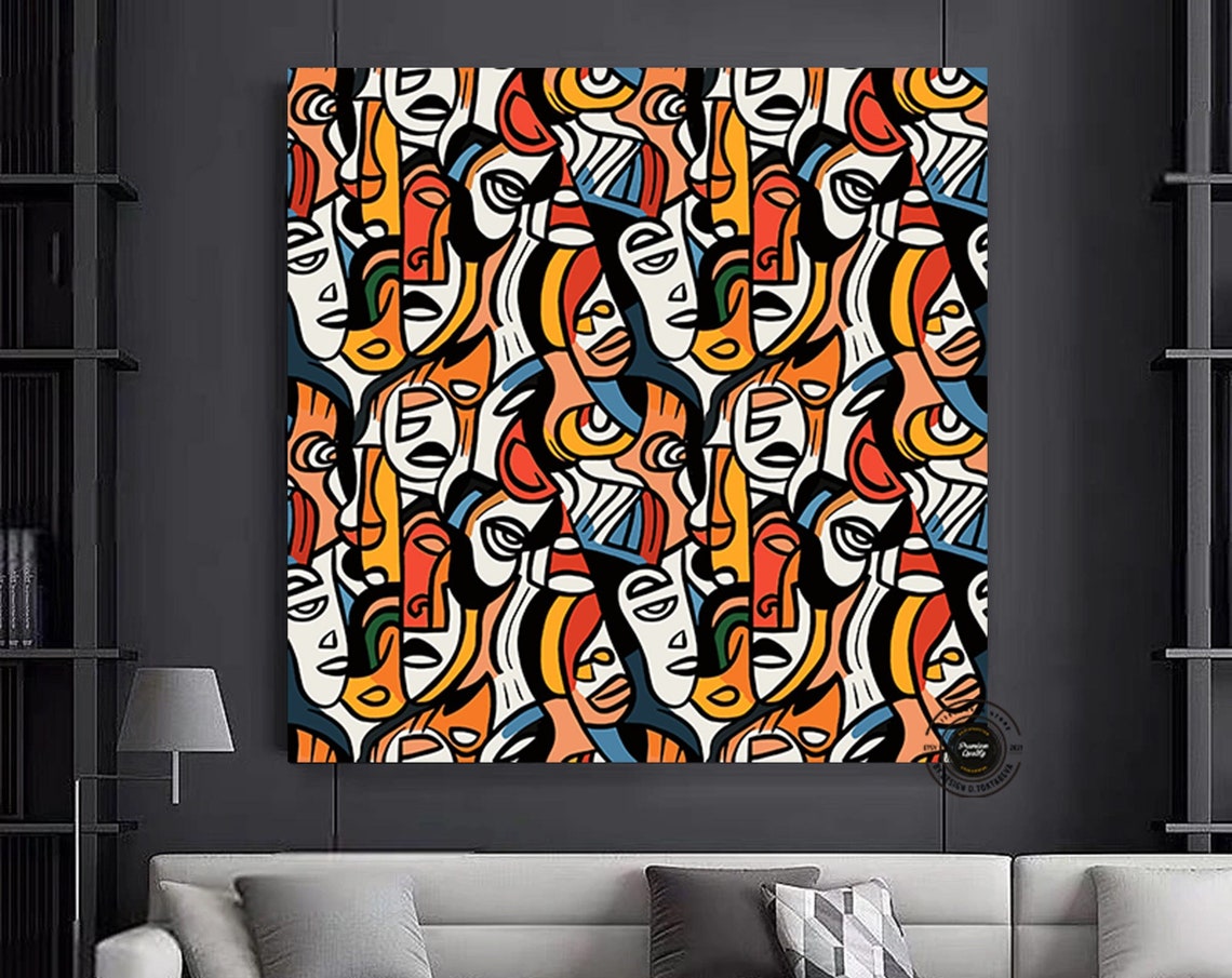 Abstract Crowd of Faces Colorful Bold Doodle Pattern Art Poster