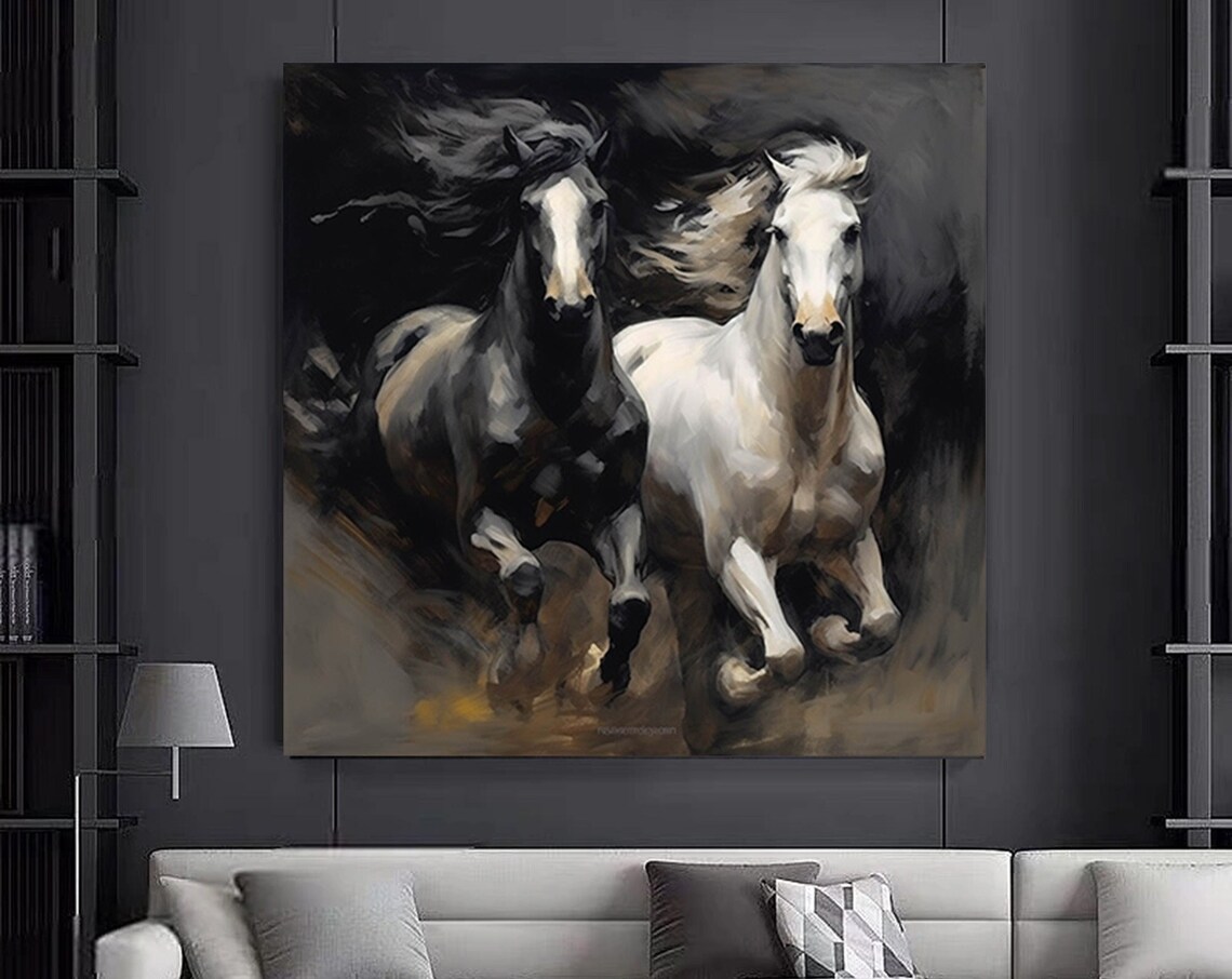 Black and White Horses Running Dramatic Equine Canvas Art Poster