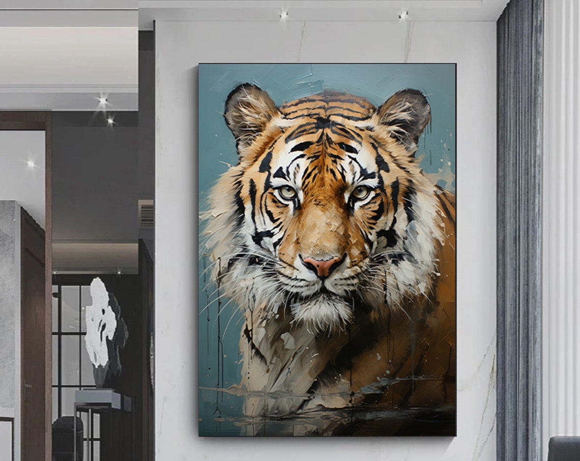 Fierce Tiger Face Oil Painting Style Big Cat Portrait Poster