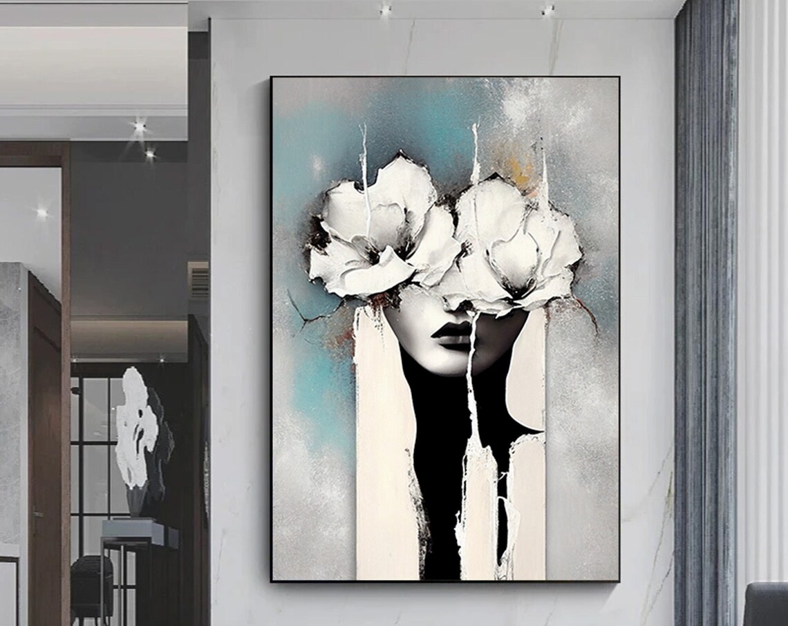 Woman White Flowers Covering Eyes Abstract Art Portrait Poster