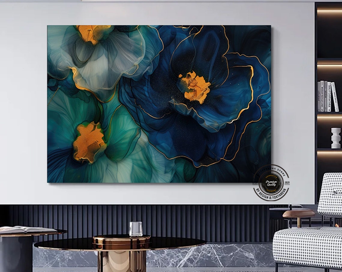 Dark Blue Marble Flowers With Gold Veins Luxury Abstract Art Poster