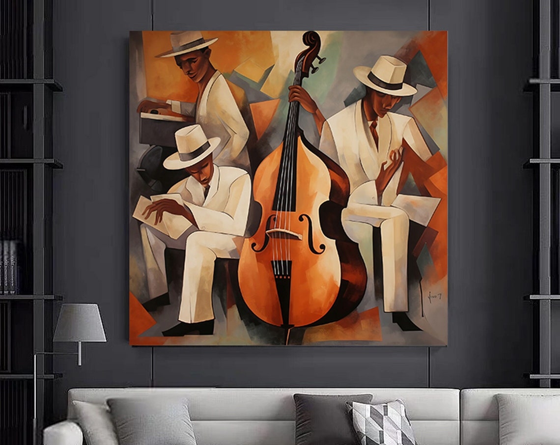 Jazz Trio Double Bass Abstract Musicians White Suits Art Poster