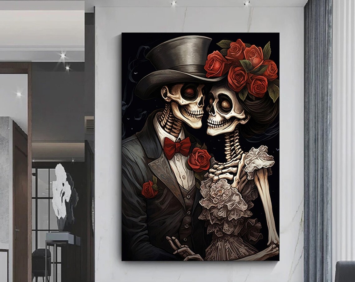 Day of the Dead Skeleton Couple Red Roses Gothic Romance Art Poster