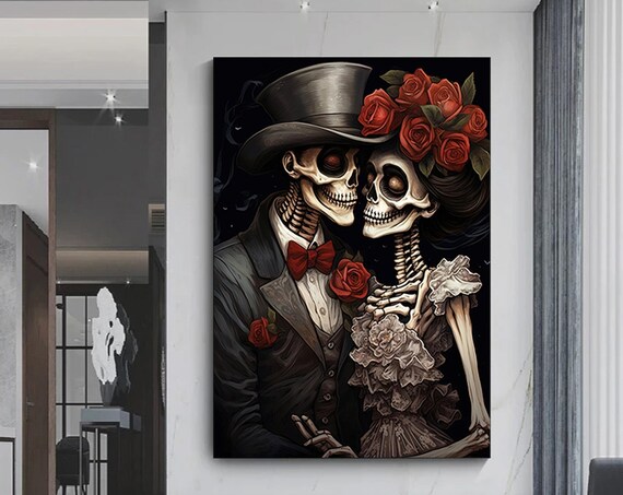 Day of the Dead Skeleton Couple Red Roses Gothic Romance Art Poster