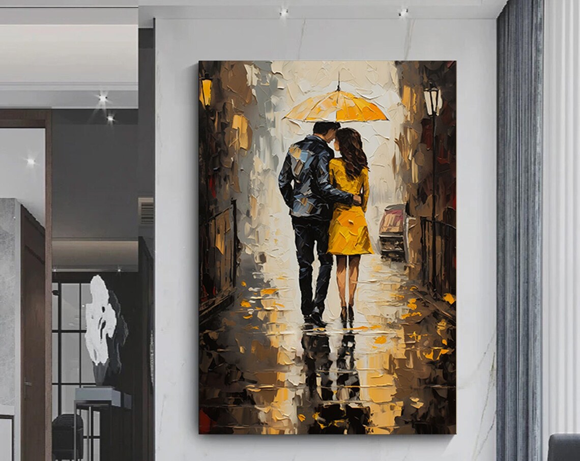 Couple Under Yellow Umbrella Rainy Street Romantic Art Poster