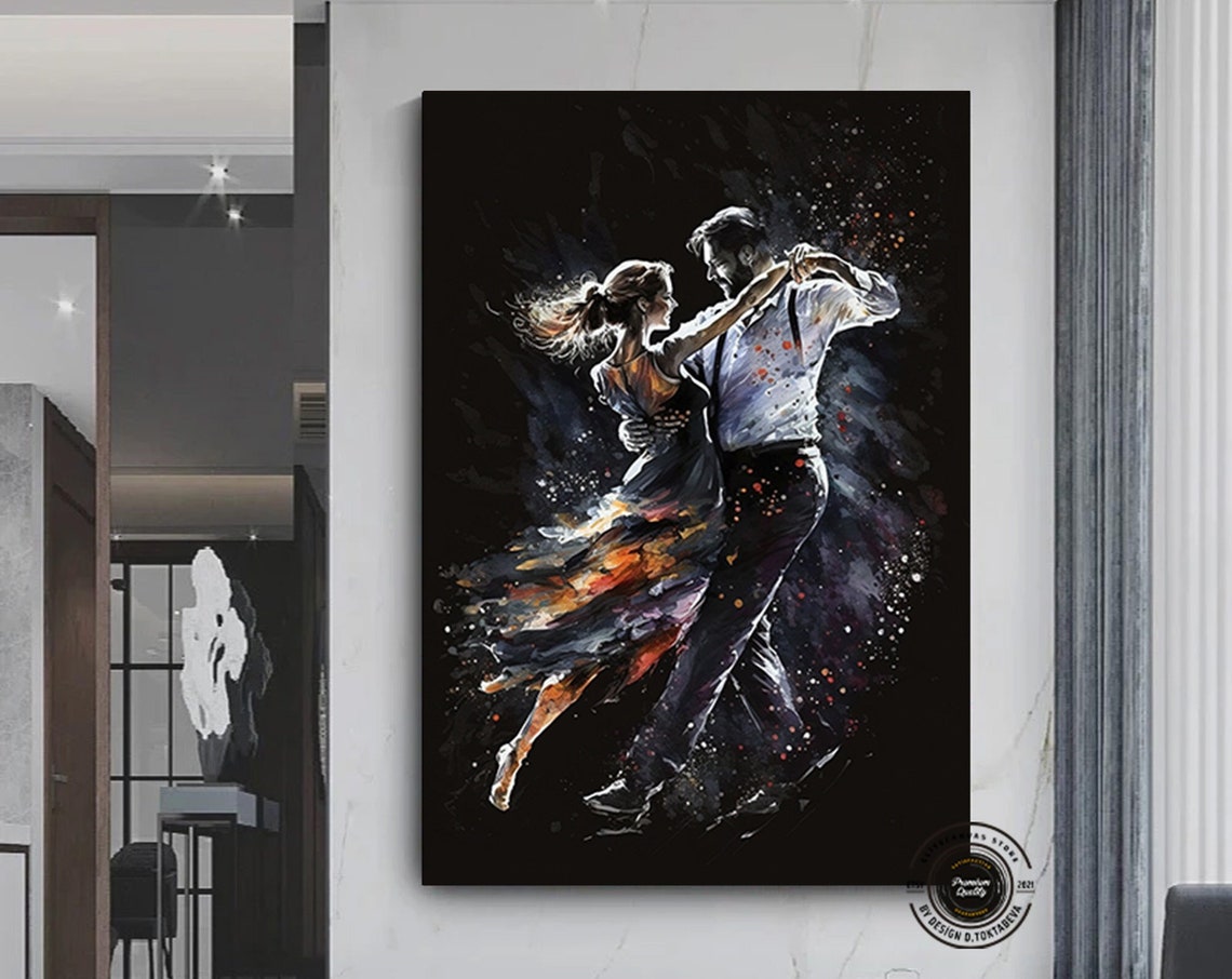 Romantic Couple Dancing Black Background Watercolor Splash Art Poster