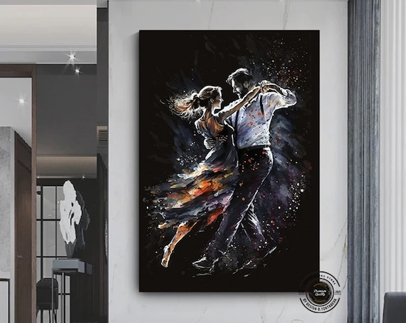 Romantic Couple Dancing Black Background Watercolor Splash Art Poster