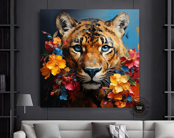 Leopard And Flower Art Print Wall Modern Home Decor Ready To Hang Canvas