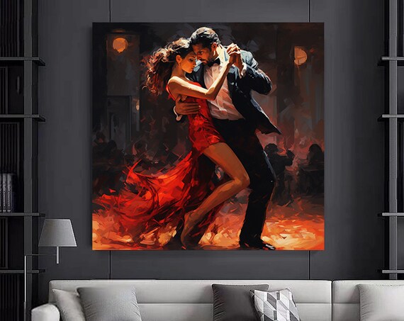 Passionate Tango Dancers Red Dress Ballroom Romance Oil Art Poster