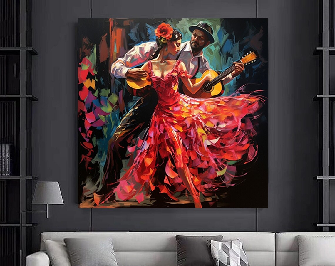 Flamenco Dancer in Red Dress with Guitarist Vibrant Painting Poster
