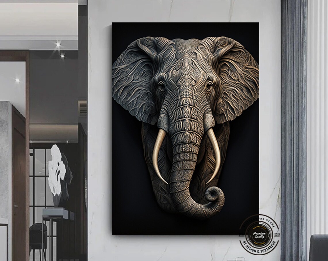 Carved Elephant Head Tribal Texture Dark Elegant Animal Art Poster