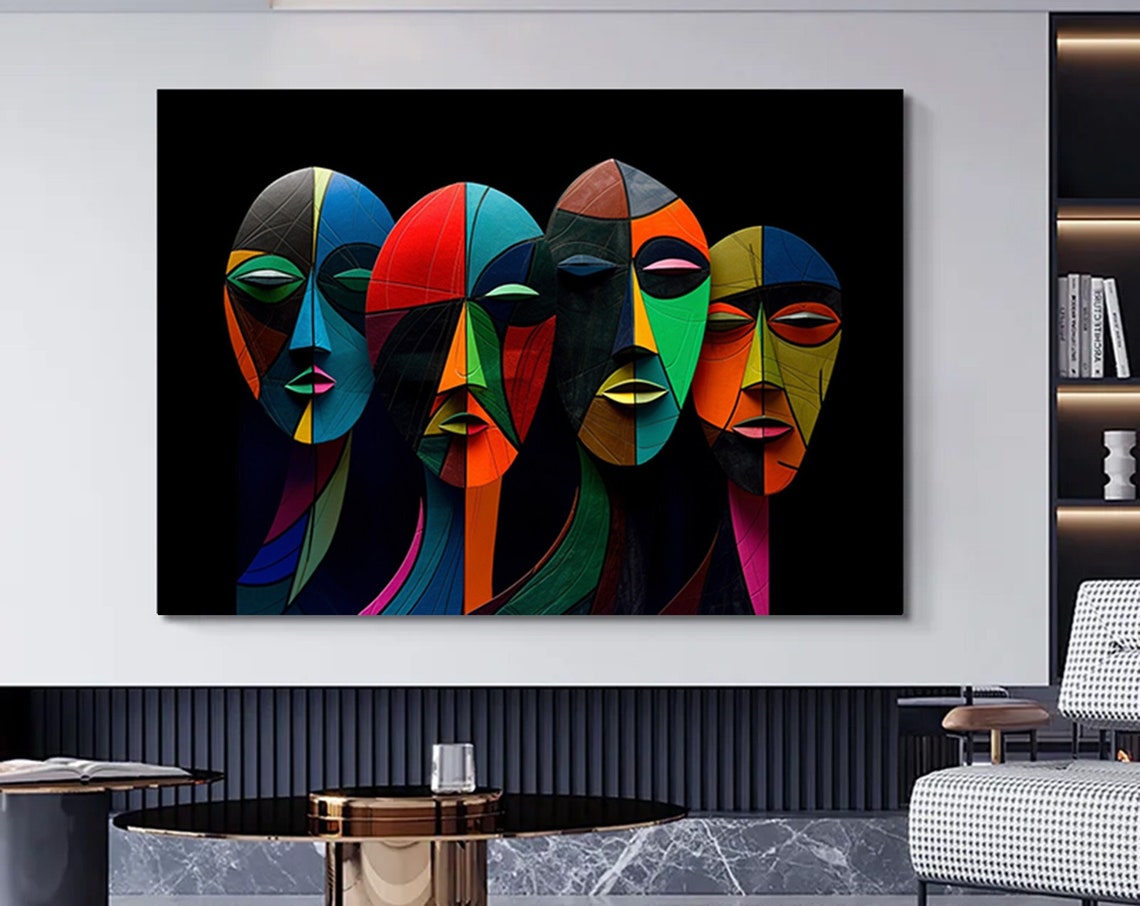 Four Colorful Tribal Masks Cubist Black Background Art Poster